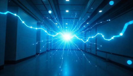 Abstract glowing energy bursts within a long sterile corridor