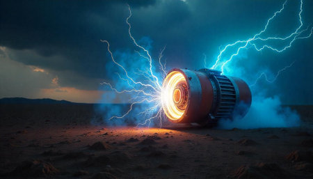 Electric Turbine Overload Emitting Energy Sparks in Desert Landscapeの写真素材