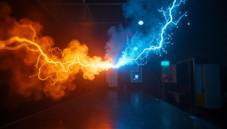 Dynamic electrical discharge illustration with opposing colorful energy forcesの写真素材