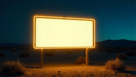 Neon sign in desert landscape under starry night skyの写真素材