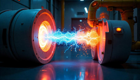 Futuristic technology showcases energy transfer between cylindrical generatorsの写真素材