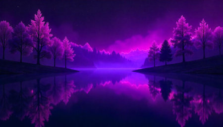 Purple landscape with mirrored trees over water at nightの写真素材