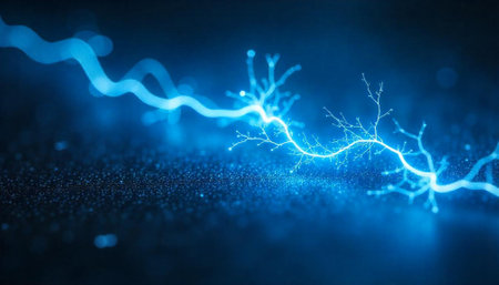 Glowing blue electrical discharge over a dark surfaceの写真素材