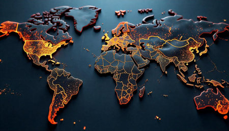 World map with glowing borders on a dark backgroundの写真素材