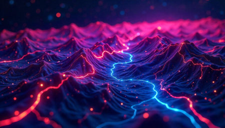 Neon illuminated digital landscape with river and mountain range