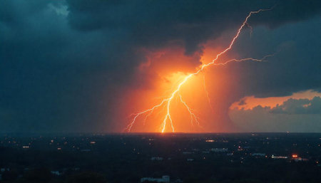 Dramatic lightning strike illuminates a city skyline at nightの写真素材