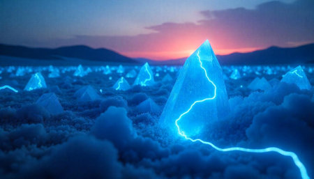 Electric Blue Crystals Rising from Clouds Under Twilight Skyの写真素材