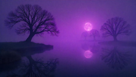 Mystical moonlit lake reflecting bare trees in purple huesの写真素材