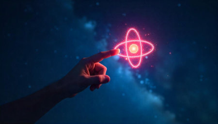 Finger touches red glowing atom on a starry backgroundの写真素材