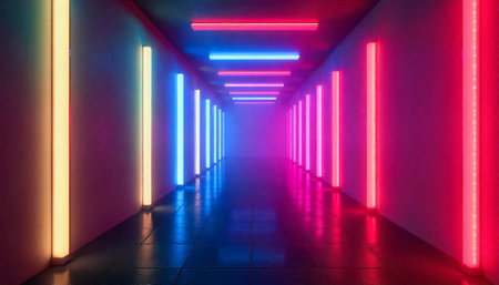 Neon lit hallway with perspective depth and glowing ambianceの写真素材