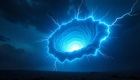 Electric portal opens in the sky with storm clouds