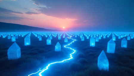 Crystal field with blue energy stream at dreamy sunsetの写真素材