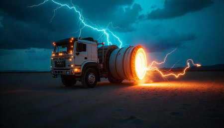 Modified truck with jet engine and electricity at desertの写真素材