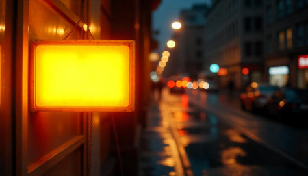 Illuminated storefront sign on rainy city street at night