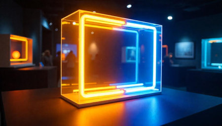 Illuminated neon cube art installation against blurred museum backdropの写真素材