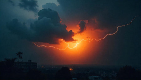 Dramatic lightning strike over cityscape during intense stormの写真素材
