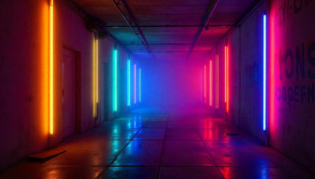 Neon lights in a dark hallway glow vibrantlyの写真素材