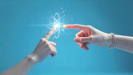 Interactive Technology: Hands Touching an Atom on Blue Backgroundの写真素材