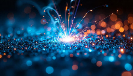 Abstract sparks and bokeh lights in shades of blueの写真素材