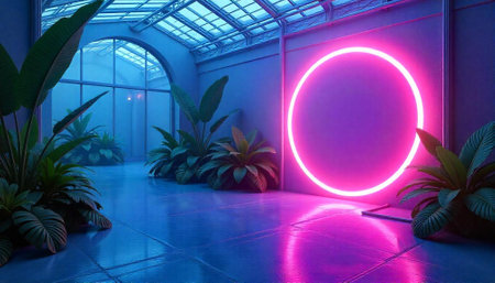 Neon circle and plants create stylish indoor modern scene