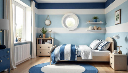 Bright nautical themed bedroom with blue accents and decorの写真素材