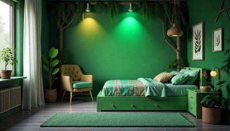 Lush green bedroom with botanical accents and natural lightの写真素材