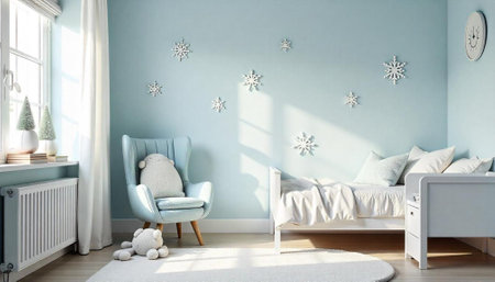 Cozy winter themed kids room interior decoration in soft bluesの写真素材