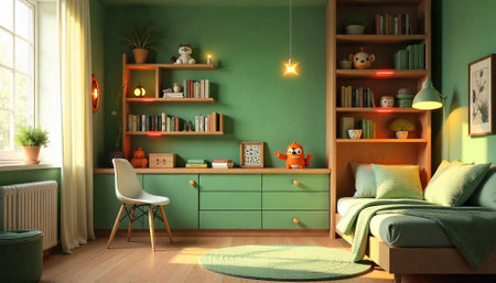 Green children's room with playful decor and cozy bedの写真素材