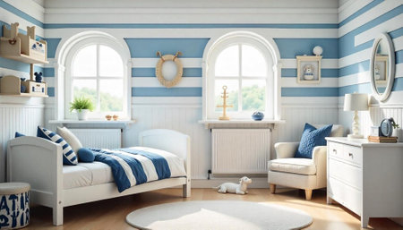 Nautical themed child's bedroom with blue and white stripesの写真素材