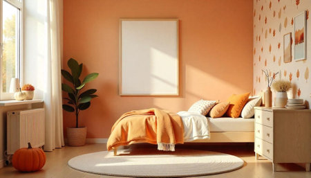 Warm autumn bedroom interior with blank frame mockup space