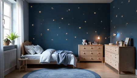 Serene bedroom interior with star wall and soft lightの写真素材