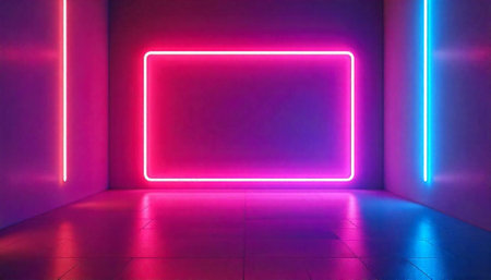 Abstract neon light installation inside a square studio roomの写真素材