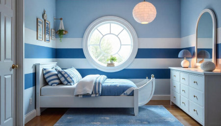 Nautical themed kids bedroom with blue and white accentsの写真素材
