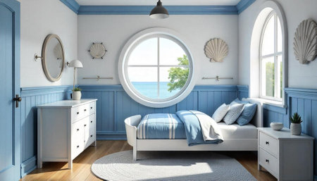 Nautical themed bedroom interior with sea view from windowの写真素材