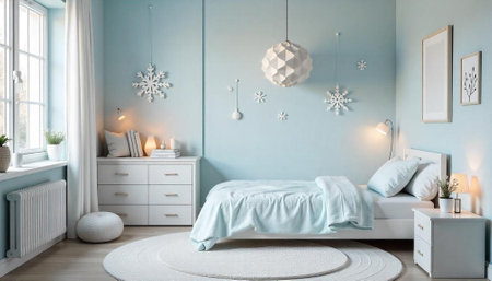 Cozy minimalist bedroom interior with light blue color schemeの写真素材