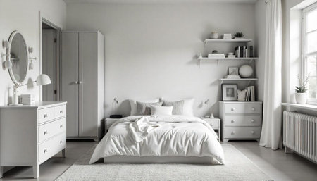 Neutral bedroom interior with white furniture and natural lightの写真素材