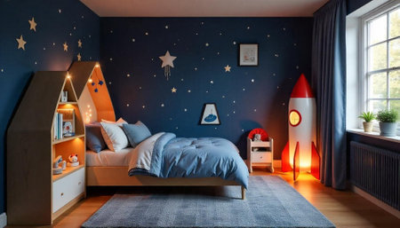 Boy's bedroom with space theme and rocket night lightの写真素材
