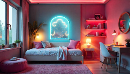 A modern bedroom interior with neon lighting accents designの写真素材