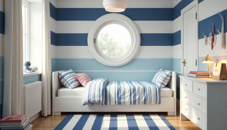 Nautical themed kids room with striped design elementsの写真素材