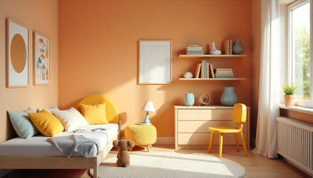 Warm orange themed bedroom interior with decorative elements
