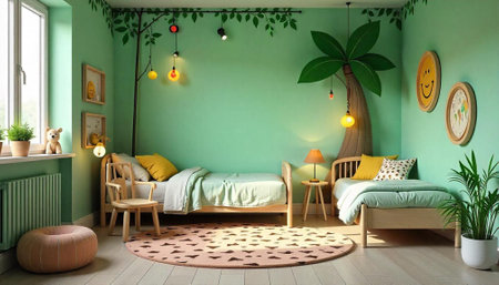 Playful Children's Bedroom with Tropical Theme and Natural Lightの写真素材