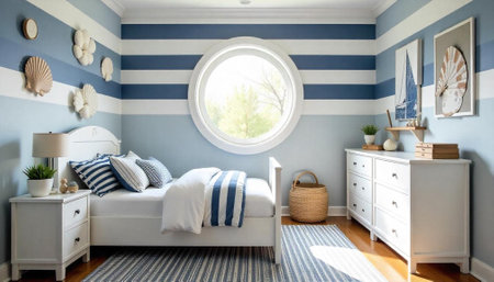 Nautical themed bedroom with blue and white stripesの写真素材