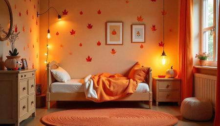 Warm autumn themed bedroom interior with orange accentsの写真素材