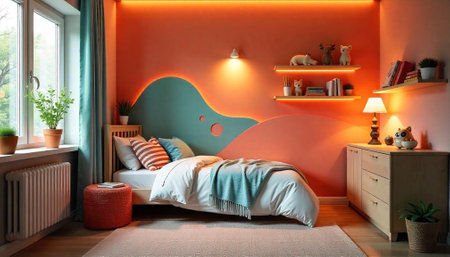 Whimsical bedroom interior with colorful walls and soft lightingの写真素材