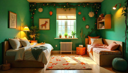 Cozy children's bedroom in green with natural elements decorの写真素材