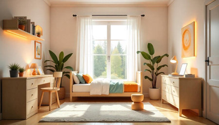 Cozy sunlit bedroom interior with natural accents and warm lightの写真素材