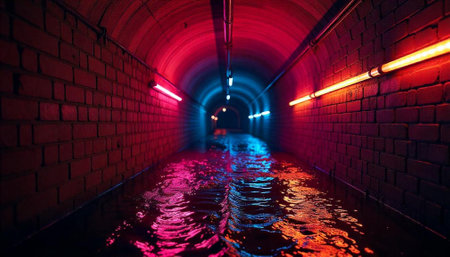 Neon lit tunnel with water reflection and brick walls
