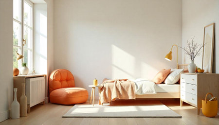 Bright minimalist bedroom interior with orange chair and blanket