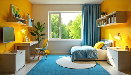 Vibrant modern bedroom design with sunny yellow accent wallの写真素材