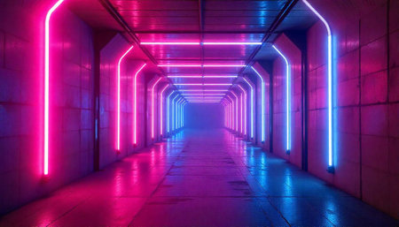 Abstract neon tunnel background with perspective vanishing into lightの写真素材